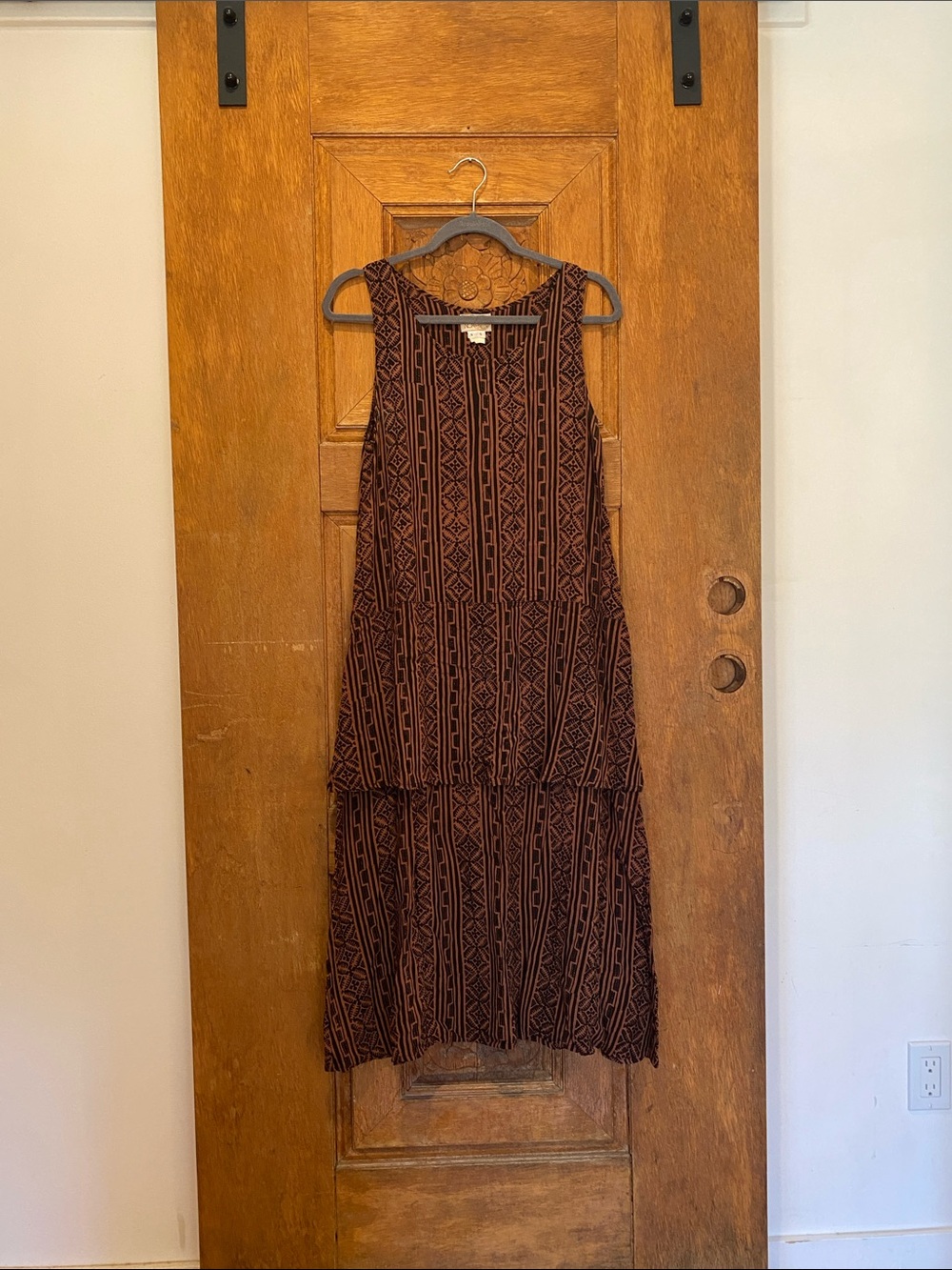 Noa Noa Hawaii sleeveless tank dress midi length brown black SMALL tribal print
